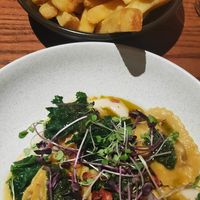 Pumpkin ravioli and fries with vegan aioli. at Soul Quarter in Christchurch
