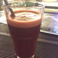 Beetroot, carrot and apple juice (50 baht). I don't know why they only filled three quarters of the glass. at Beetroot Stories Cafe in Chiang Mai