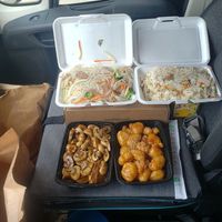 4/27/22: House fried rice, house rice noodles, veg beef&shrooms, sesame chickun. at New Style Asian Food in Lynn