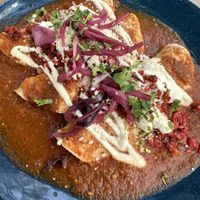 Red enchiladas w/ hibiscus tinga 💯  at Fresh & Co in Mexico City