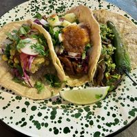 Al pastor, chorizo, chimichurri (Serrano hot af)  at Penelope's Vegan Taqueria in Chicago