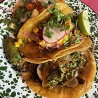 Cauliflower el pastor, baja, mushroom chimichurri  at Penelope's Vegan Taqueria in Chicago