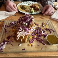 Chimichanga for me, and an el pastor and a carnitas taco for the hubby.  at Penelope's Vegan Taqueria in Chicago