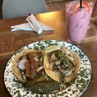 Tacos and dragonfruit strawberry horchata  at Penelope's Vegan Taqueria in Chicago