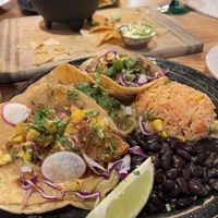 Al pastor, carnitas, and Baja tacos with vegan meat  at Penelope's Vegan Taqueria in Chicago