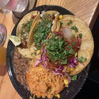 Tacos with jackfruit, beyond meat, and fried avocado   at Penelope's Vegan Taqueria in Chicago