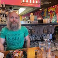 Colorful murals and fun, clean atmosphere at Penelope's Vegan Taqueria in Chicago