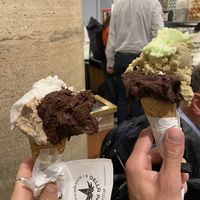 Hazelnut, coconut and Madagascar chocolate as well as pistachio, green apple and extra dark chocolate   at Gelateria Della Palma in Rome