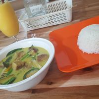 Green Curry (50k kip) with Rice (10k kip) and Mango Smoothie (20k kip) at Reunion Cafe in Vientiane