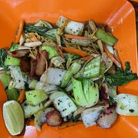 Stir-fried yellow noodles with red pork, 50,000 kip  at Reunion Cafe in Vientiane