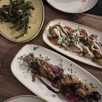 Patatas Bravas, judías verdes and brocheta de pollo y chorizo vegano     at Ambiente Tapas - Goodramgate in York