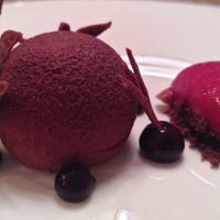 Dessert with chocolate, sweet and sour cherries at Kopps in Berlin