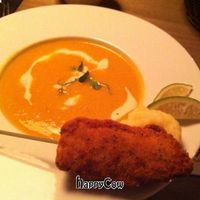 Pumpkin-lime soup with crispy fillet at Kopps in Berlin