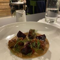 Second course from the vegetarian menu: tempeh and beetroot  at Mutty in Castiglione Delle Stiviere
