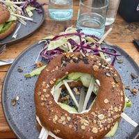 2 plates, 1 is vegan, the other vegetarian. (One simply with and the other without cheese.) at Mandala Society in Marrakech