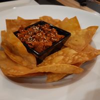 Starter: Tortilla chips + home made sobrasada at Restaurant Sublime World in Madrid