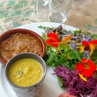 Assiette végé : soupe sarrasin,céleri rave, Colombo-légumes d'hiver façon tajine, salade composée, chou rouge à l'Asiatique, houmous de betterave et tapenade champignons, pl at Les Herbes Folles in Douarnenez