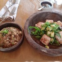 Fried rice dish, fried tofu over arugula and avocado at Funky Geisha in Cancun