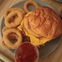 Texas burger, onions rings, ketchup at A Burgers in Brussels