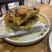 Tofu and pesto focaccia with coconut bacon   at Canttú in Huaraz