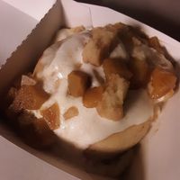 Peach Cobbler Roll - cake batter frosting topped w/ brown sugar peaches & homemade shortbread at Cinnaholic in Des Moines