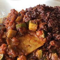 Seitan steak with vegetables and rice.  I ate half of it before I remembered to take a photo.  So yummy!!  at Bistro Toc in Split
