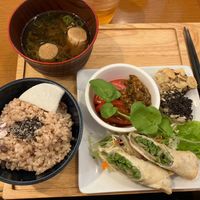 My lunch: brown rice, miso soup and 3 dishes of my choice each carefully explained by the proprietor/server/chef who knows some basic English. at Cafe HAO - お惣菜 in Yokkaichi