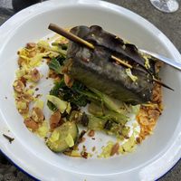 Curried Tofu wrapped in banana leaf  at Dubsy's in Berriedale