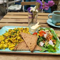 Order this! Scrambled eggs with salad, sourdough bread, butter at Easy Peasy in Berlin