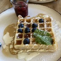 Waffle with hot cherry topping   at Easy Peasy in Berlin