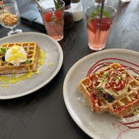 Lemon waffle (left) and pistachio waffle (right) with strawberry lemonades.  at Easy Peasy in Berlin
