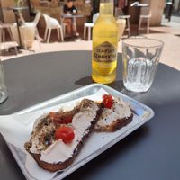 Vegan Ricotta and Cherry Tomatoes Toast + Lemon and Mint Kombucha  🍋 at Pantastic in Ibiza