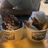 Build your own sundae on the left and peach cobbler sundae on the right  at Sugarpine Drive-In in Troutdale