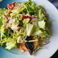 Gardener's salad with baked peppers and pan fried mushrooms at Fish and Grill Dunava in Vidin