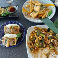 Crystal vegetable dumplings, homestyle tofu, crispy tofu bao buns, wok charred cashew broccoli. at Rise 88 Asian Fusion Food in Ulverstone
