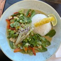 Delicious vegan green curry, a little expensive with 18€ but great thing to finally find clearly marked vegan food, especially if it’s freshly made with lots of vegetables!  at Falcon Marktrestaurant in Soelden