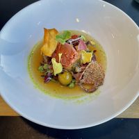 starter with tomato/basil sorbet, grilled vegs  at Falcon Marktrestaurant in Soelden