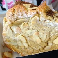 Twice baked banana bread with frangipane and banana topping, usually with a layer of jam between layers.  at Number Eight Bakehouse in Darlington