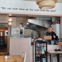 The kitchen area (and Tam) at Tam's Kitchen in Paignton