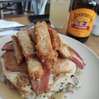 Pancake stack with seitan and vegan bacon at Tam's Kitchen in Paignton