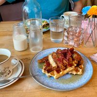 Coffee and breakfast waffles  at Tam's Kitchen in Paignton