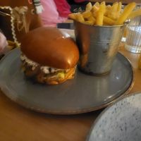 (A blurry shot of the truffle burger and fries, I was too in a rush to eat it to get a decent photo!!!) at Tam's Kitchen in Paignton