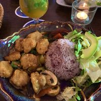 Brown sauce with rice, vegetables and baked chicken (all vegan)   at Mama Vegan in Berlin