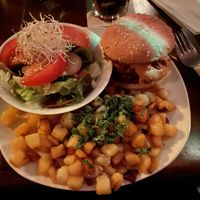 Vegan Boheme Burger with fried potatoes and salad with oil & vinegar dressing (vegan alternative for honey & mustard)  at Hotel Galactica in Muenster