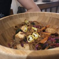 Noodle bowl with evil yellow chillis on top!  at ISTOK in Belgrade