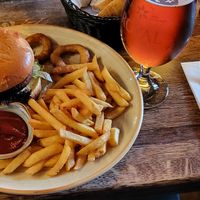Vegan burger with french fries. at Café Olivia in Vanloese