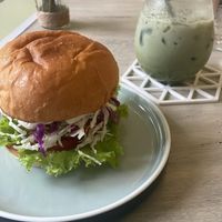 Chicken burger and iced matcha  at Sauce Tree Kuta in Kuta