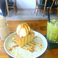 Lemon cake with vanilla ice cream and ice Matcha at Sauce Tree Kuta in Kuta