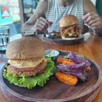 Sauce Tree Burger with a side of Sweet Potato Fries at Sauce Tree Kuta in Kuta