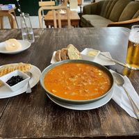 Soup of the day (chickpeas and tomato) with bread and plant-based margarine + coconut waffle with blueberry jam  at Widunderbar in Moss